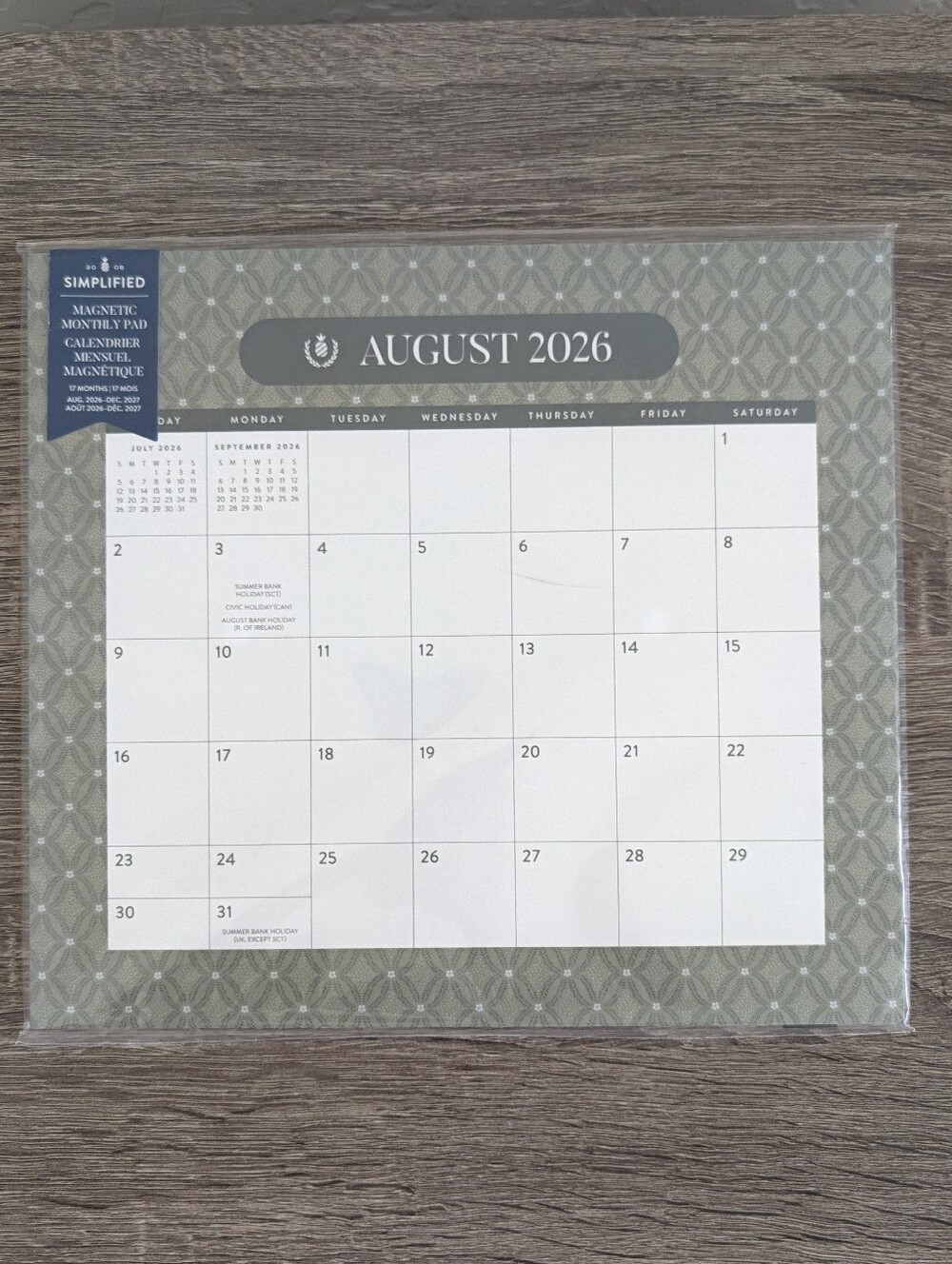 Simplified 2026/2027 Magnetic Monthly Calendar - Green